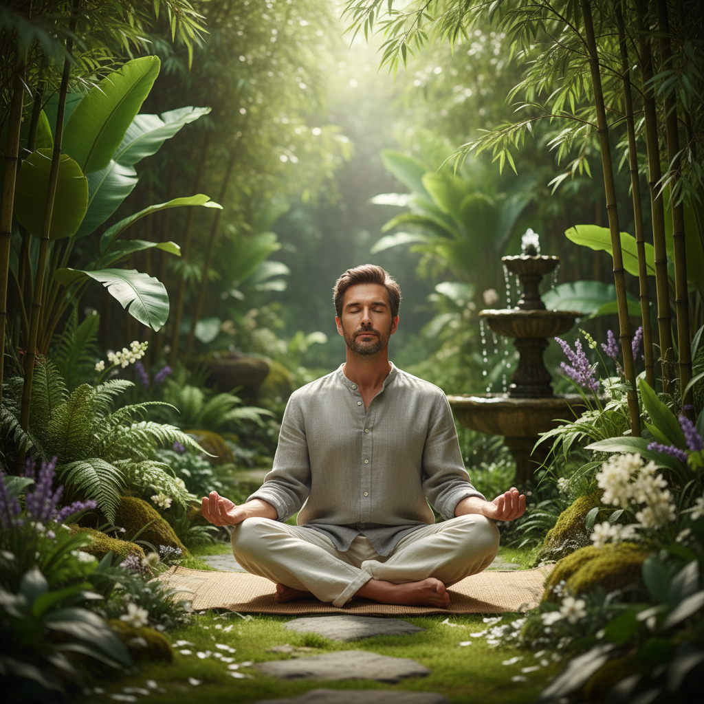 Homme assis dans un jardin, les yeux fermés, pratiquant une respiration consciente entouré de végétation verte apaisante