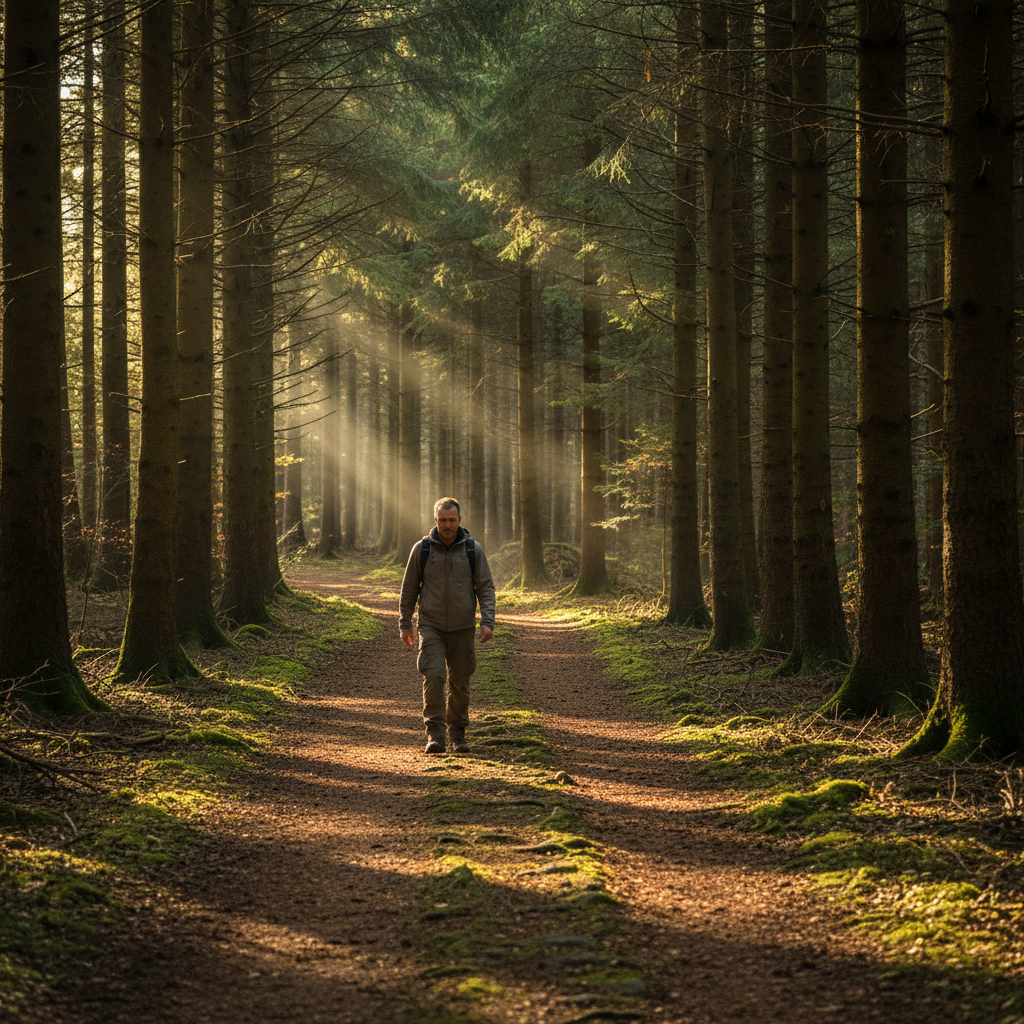 Homme marchant sur un sentier forestier ensoleillé, illustrant une activité physique régulière et accessible dans la nature