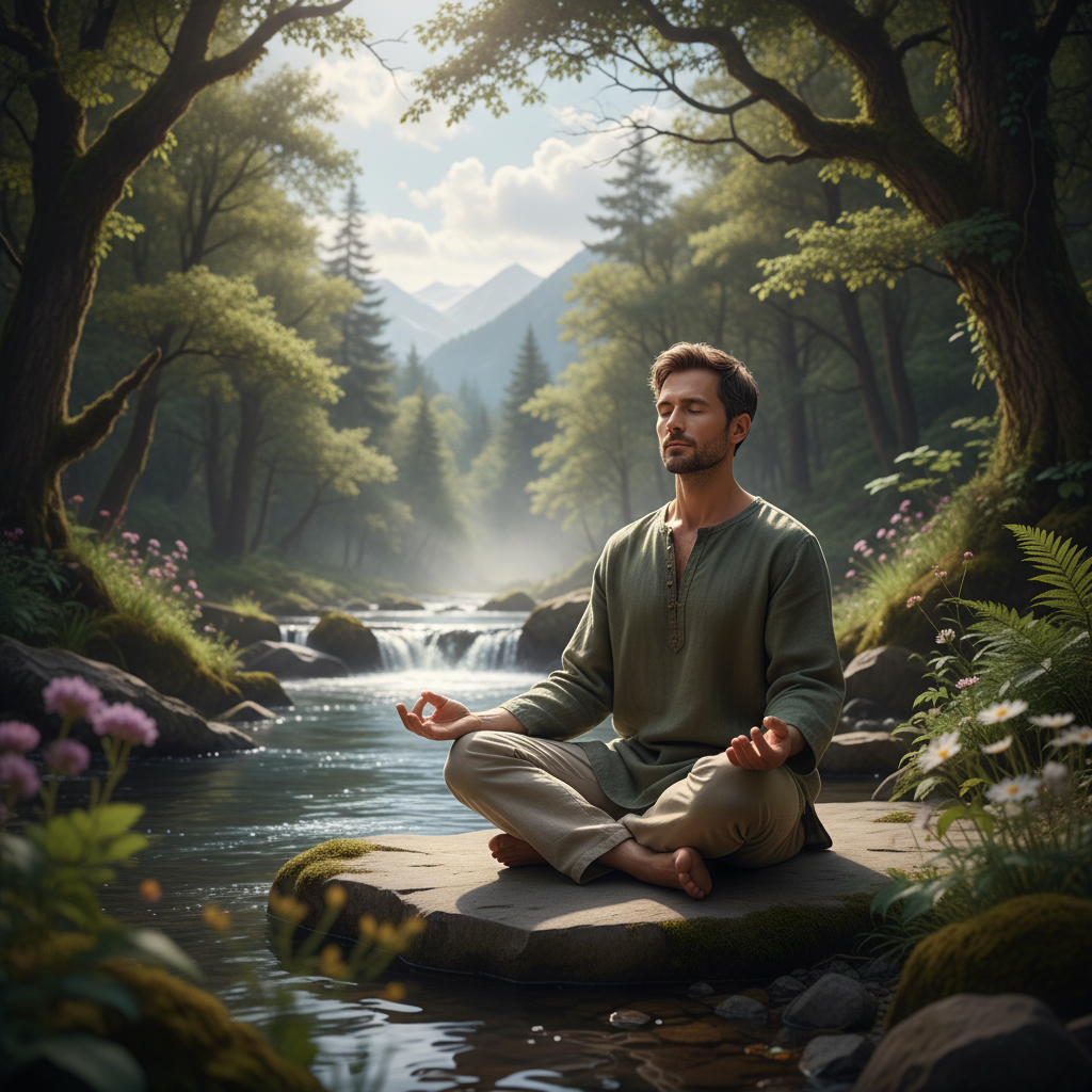 Homme pratiquant la méditation assise dans un environnement naturel calme, entouré d'arbres et d'une lumière douce du matin