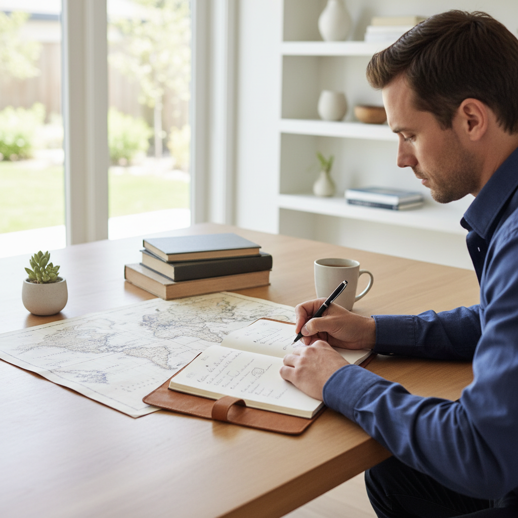 Homme écrivant dans un journal de bord sur une table en bois, dans un espace calme et organisé illustrant la planification réfléchie