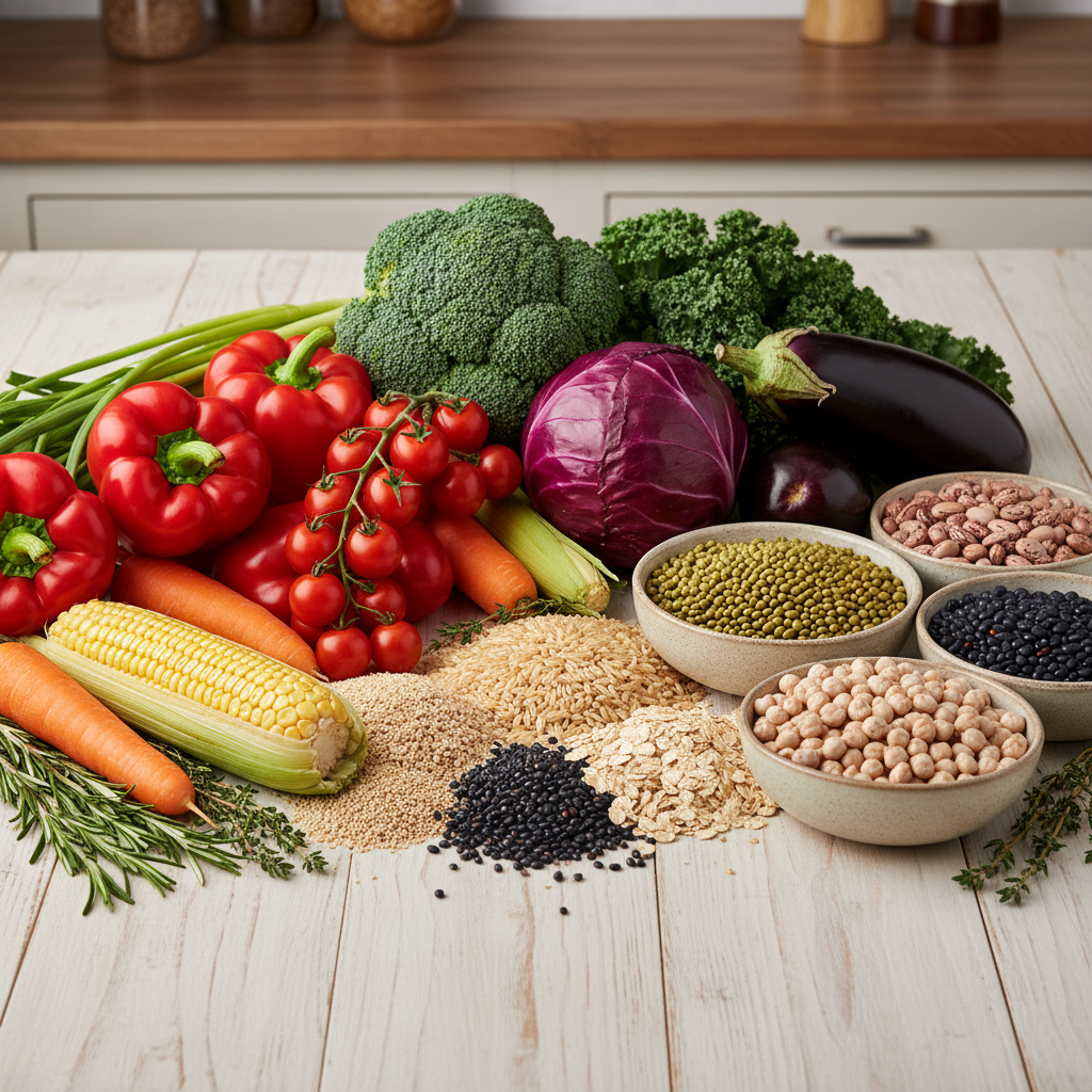 Assortiment de légumes frais colorés, céréales complètes et légumineuses disposés sur une surface en bois naturel